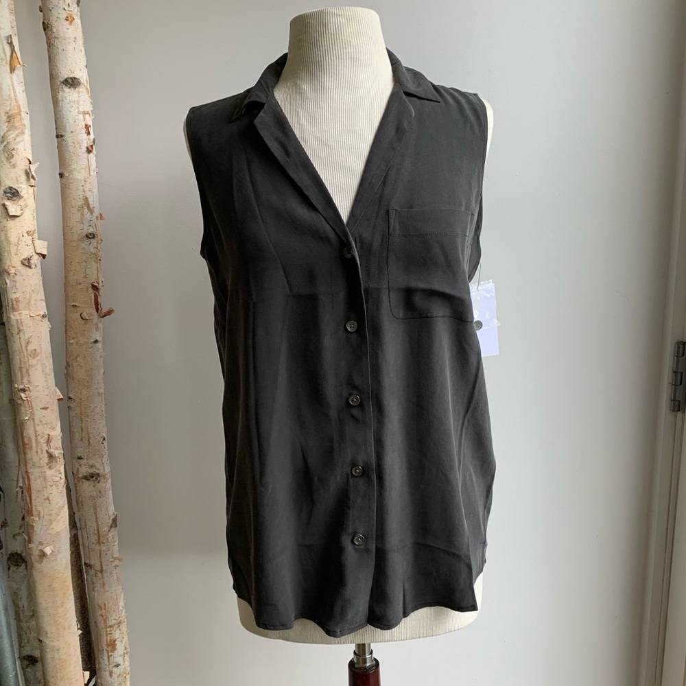 NWT Equipment 100% Silk Sleeveless Button Up Top in Charcoal Black S/P